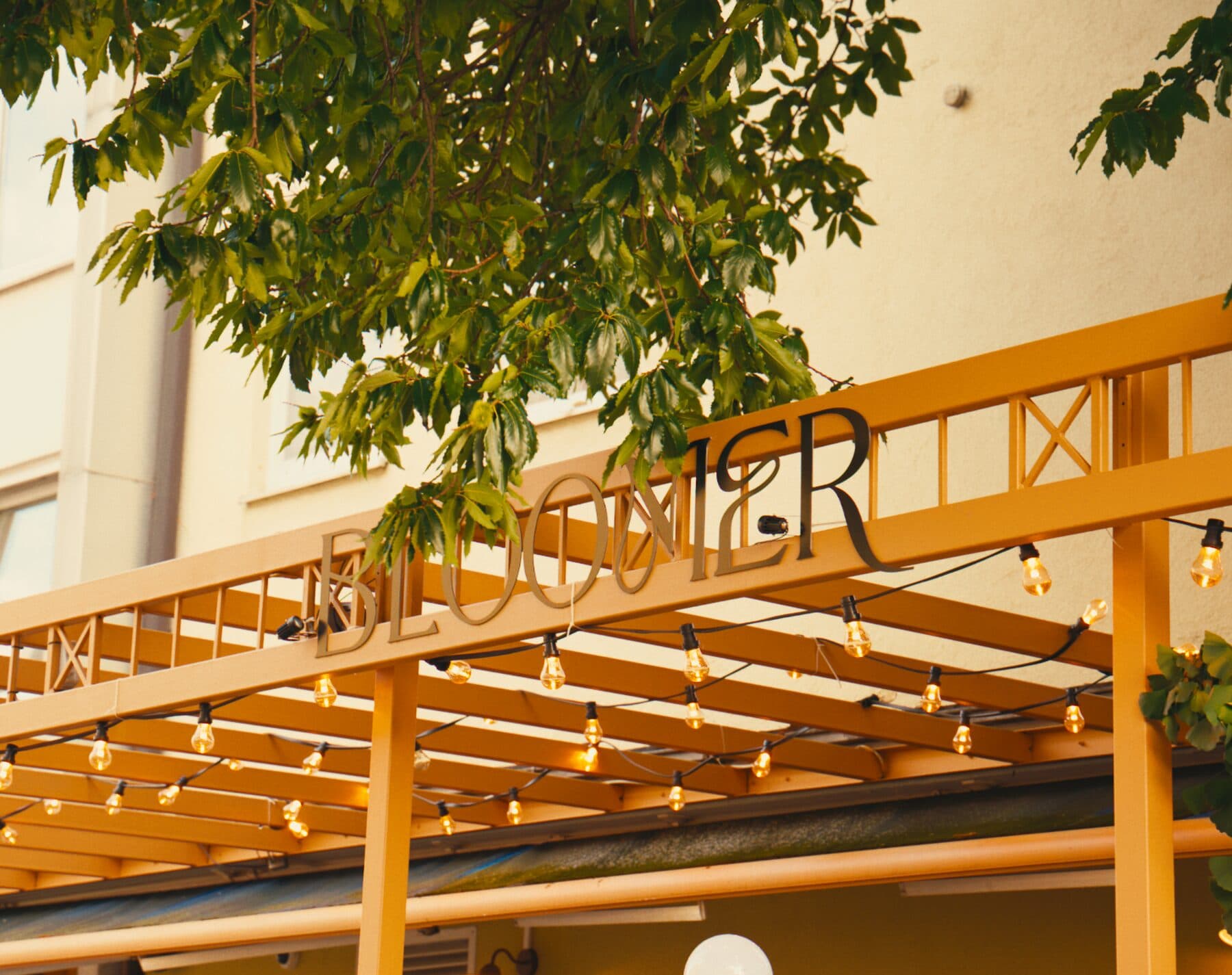 Pergola mit Lichterketten über der Terrasse am Abend